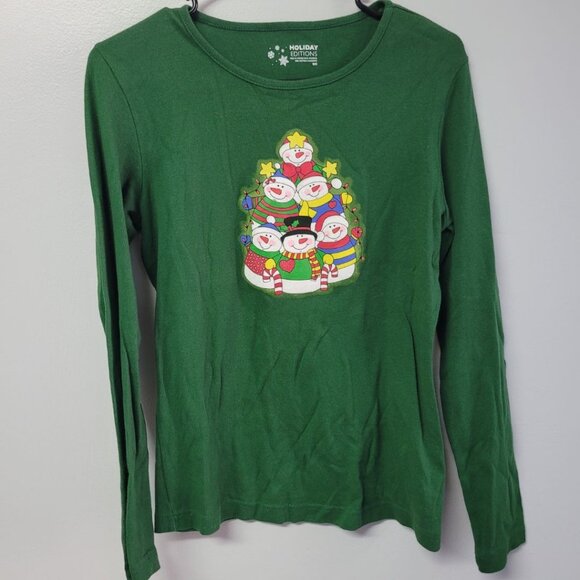 Snowman Glitter Long Sleeve Tee Shirt Winter Christmas Dark Green Womens Small - Picture 1 of 6